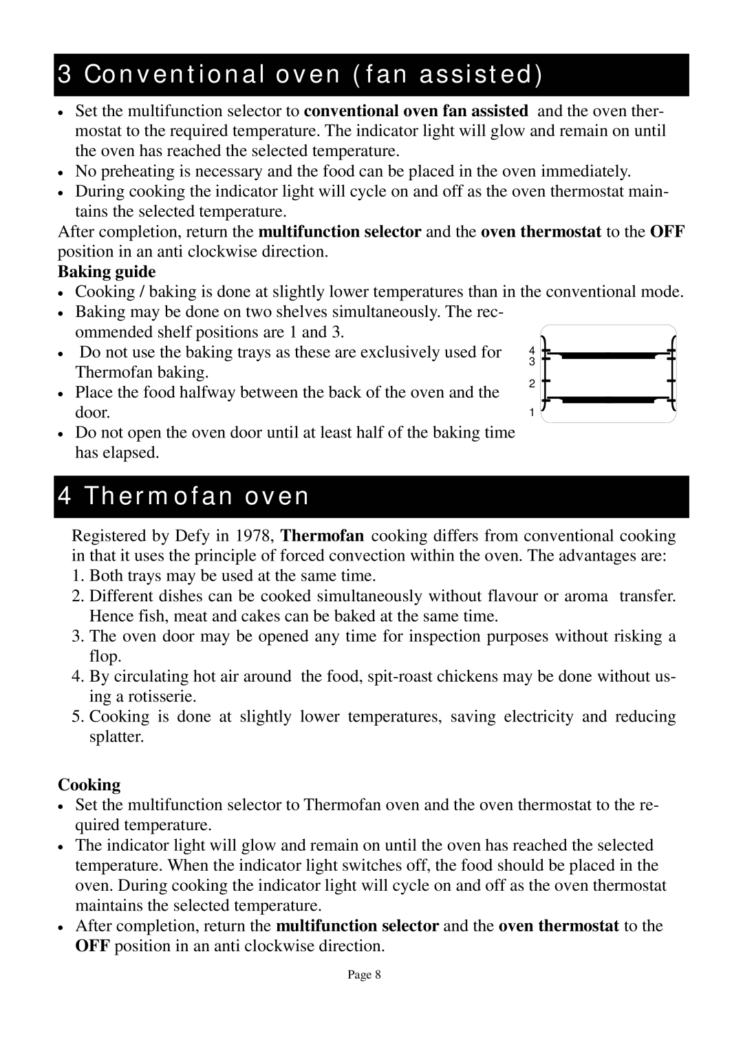 Defy Appliances 600EMSS, 600 EMSG owner manual Conventional oven fan assisted, Thermofan oven, Cooking 