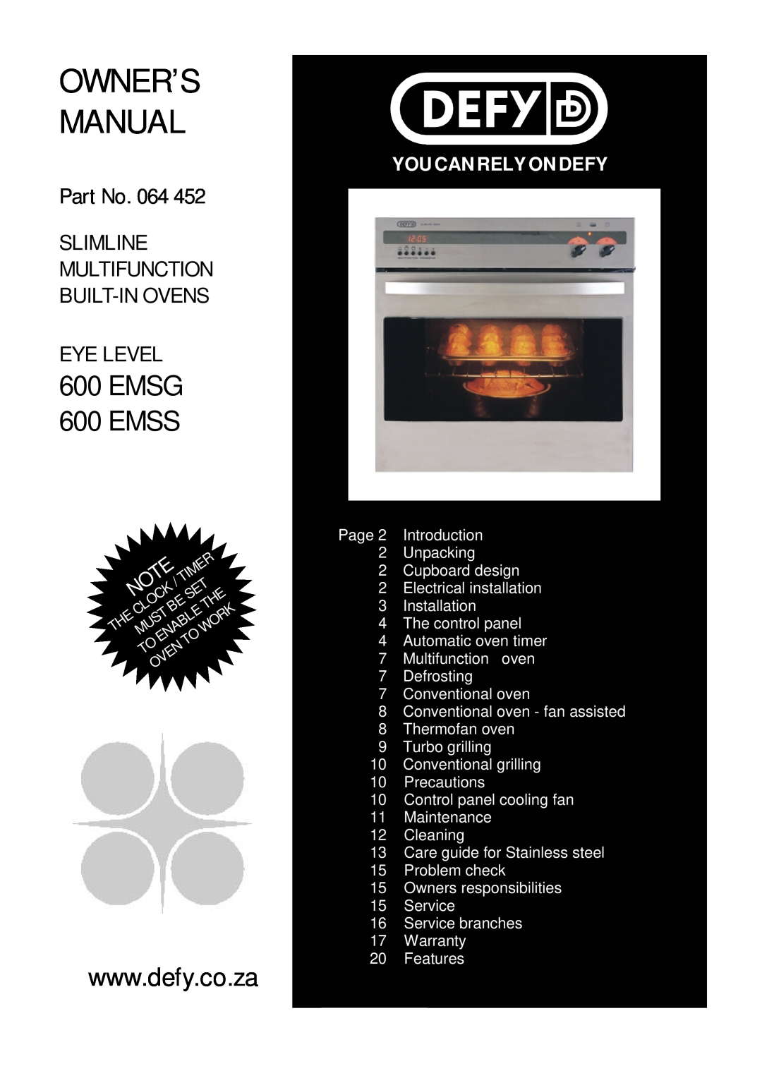 Defy Appliances 600 EMSG owner manual 600EMSG 600EMSS, Part No. 064 SLIMLINE MULTIFUNCTION BUILT-INOVENS, Eye Level 