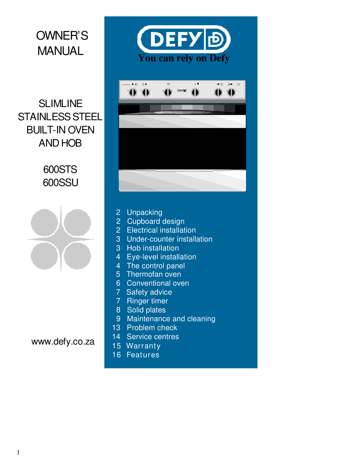 Defy Appliances 600STS, 600SSU warranty OWNER’S Manual 