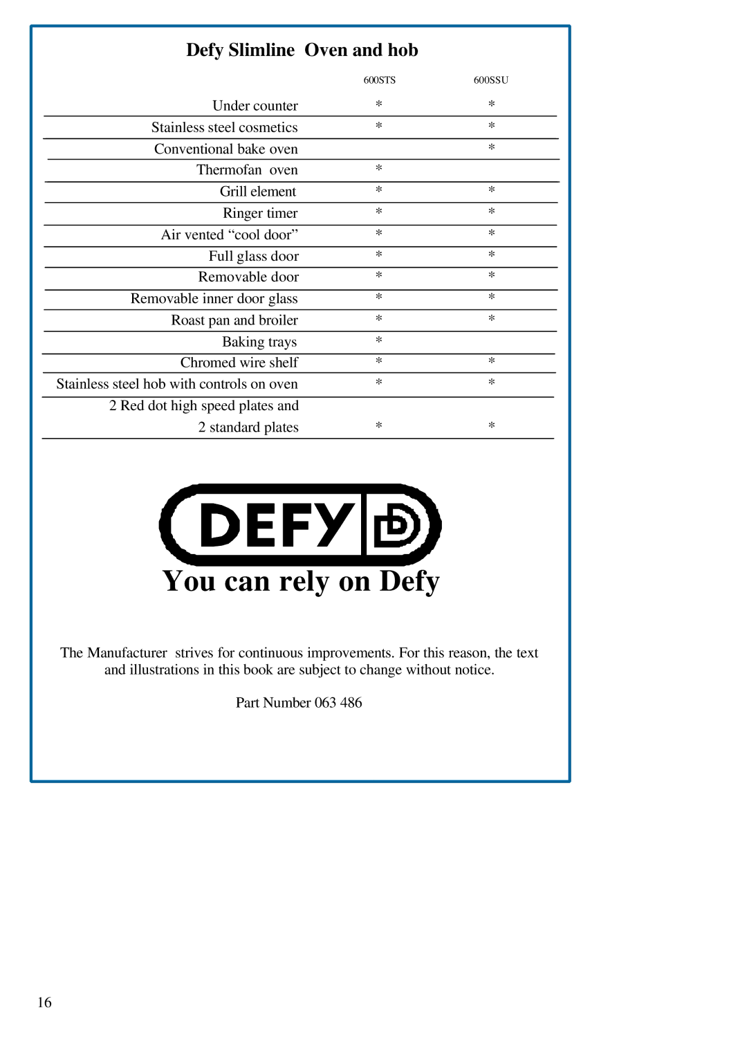 Defy Appliances 600SSU, 600STS warranty You can rely on Defy 