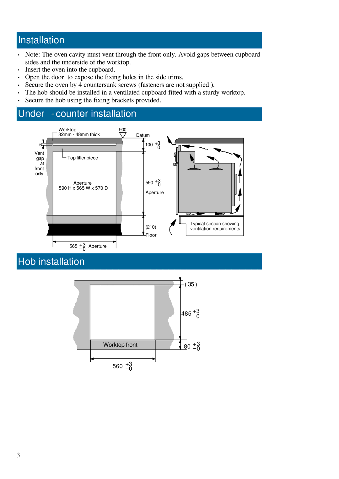 Defy Appliances 600STS, 600SSU warranty Installation, Under-counter installation, Hob installation 