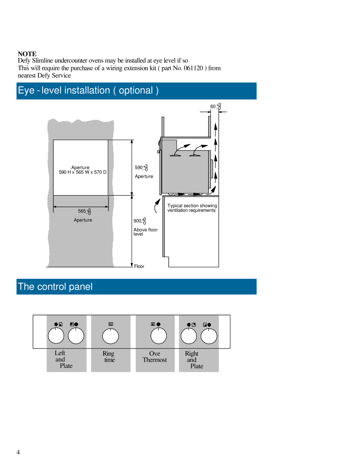 Defy Appliances 600SSU, 600STS warranty Eye-level installation optional, Control panel 