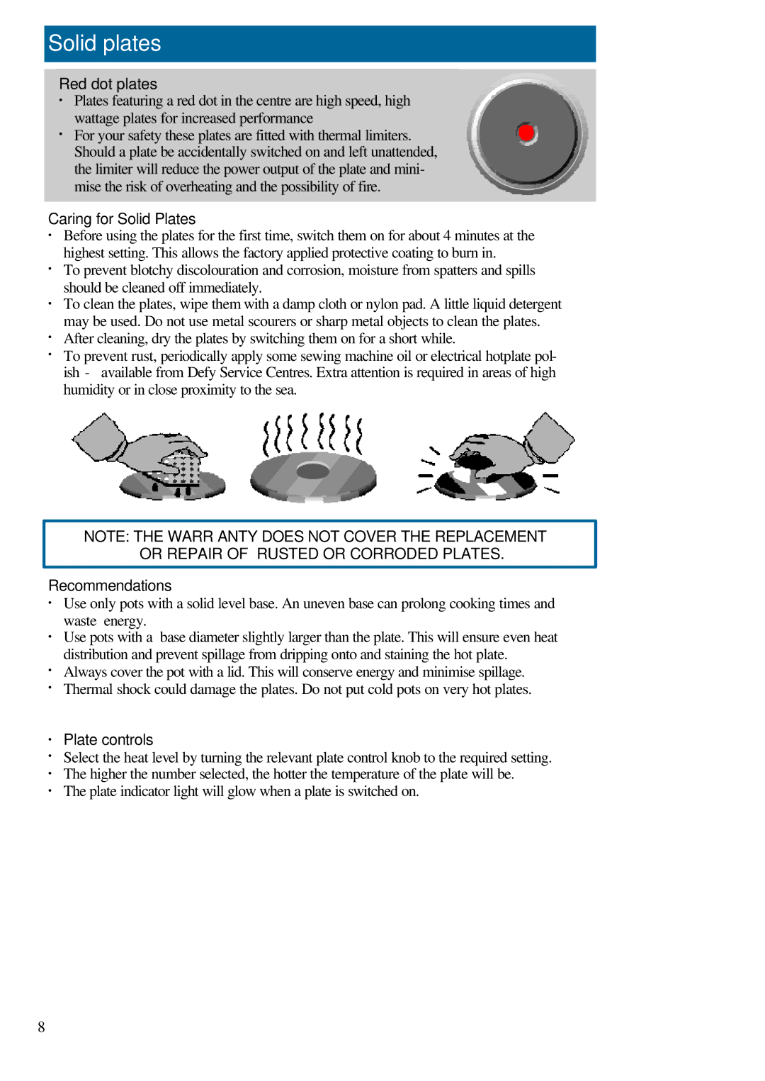 Defy Appliances 600SSU, 600STS Solid plates, Red dot plates, Caring for Solid Plates, Recommendations, ∙ Plate controls 