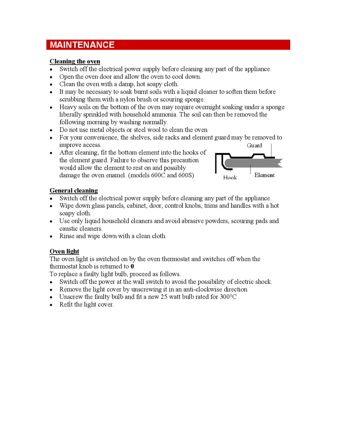 Defy Appliances 600C, 600STW owner manual Maintenance, Cleaning the oven, General cleaning, Oven light 