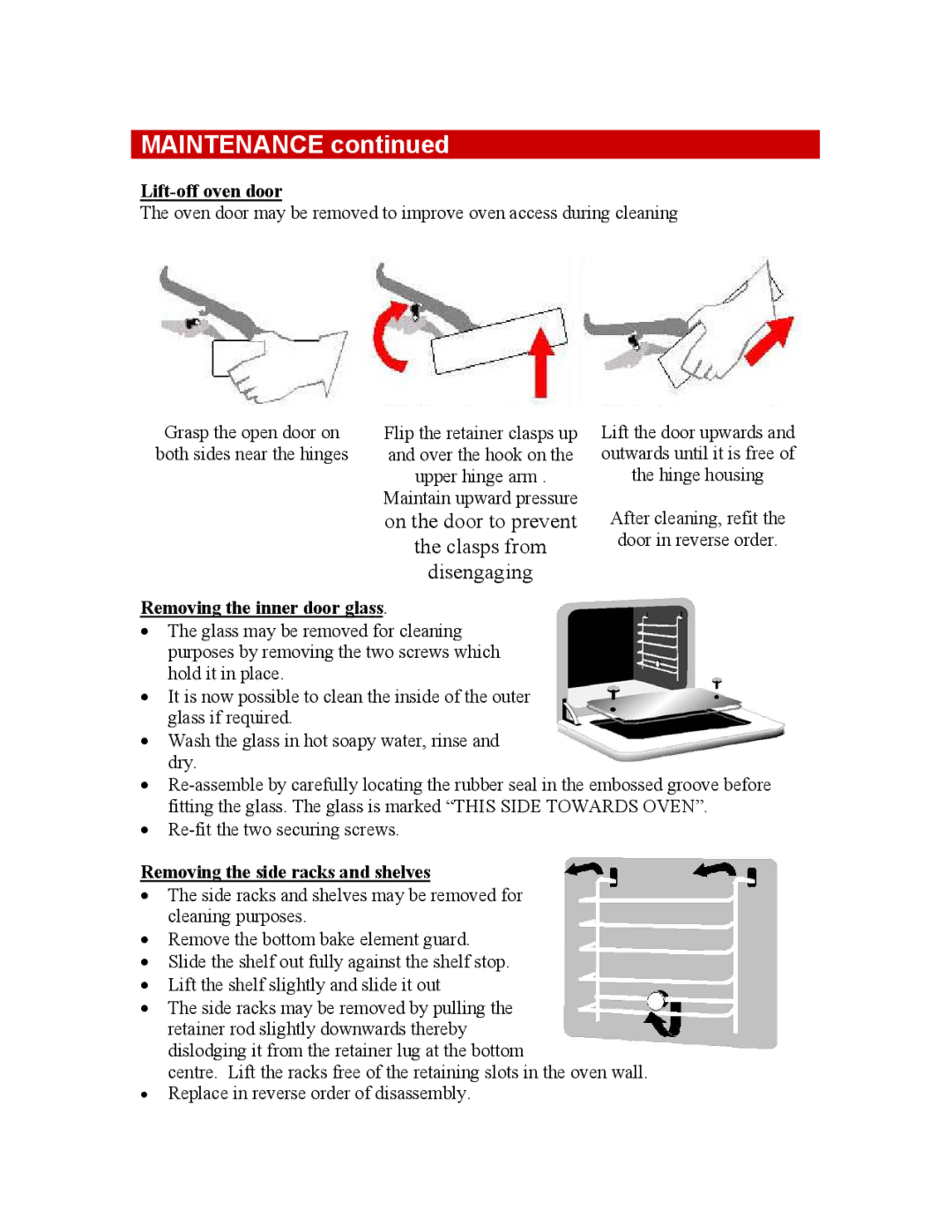 Defy Appliances 600ST Maintenance, Lift-off oven door, Removing the inner door glass, Removing the side racks and shelves 