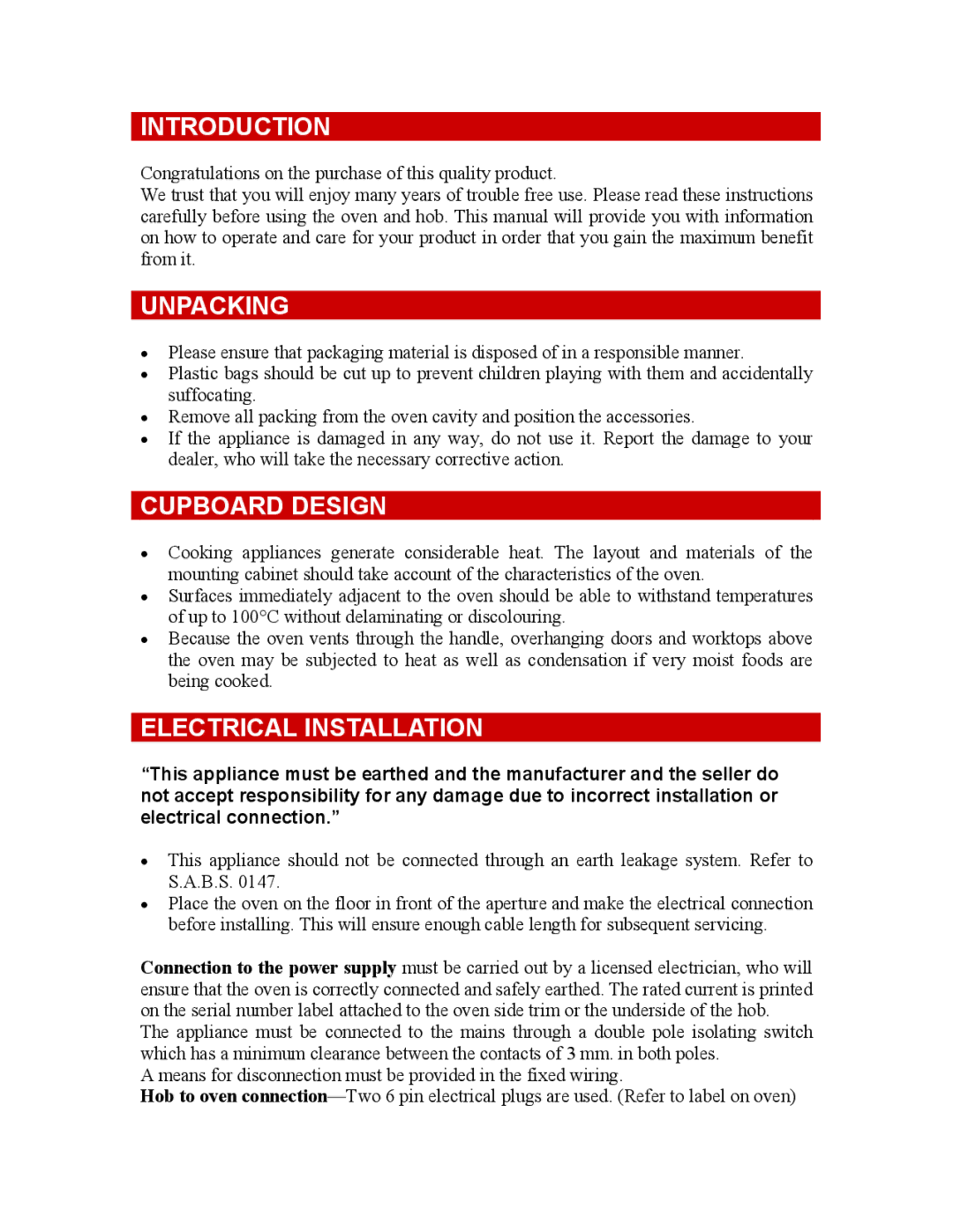 Defy Appliances 600STW, 600C owner manual Introduction, Unpacking, Cupboard Design, Electrical Installation 