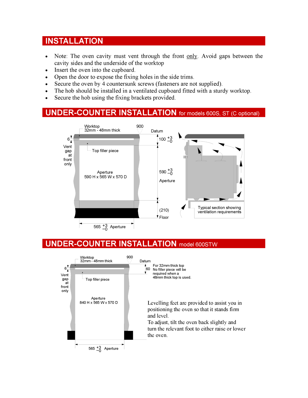 Defy Appliances 600C owner manual UNDER-COUNTER Installation model 600STW 