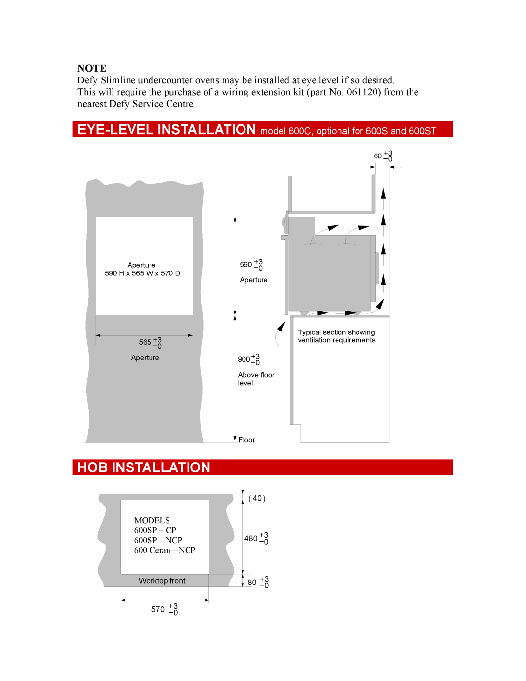 Defy Appliances 600C, 600STW owner manual HOB Installation 