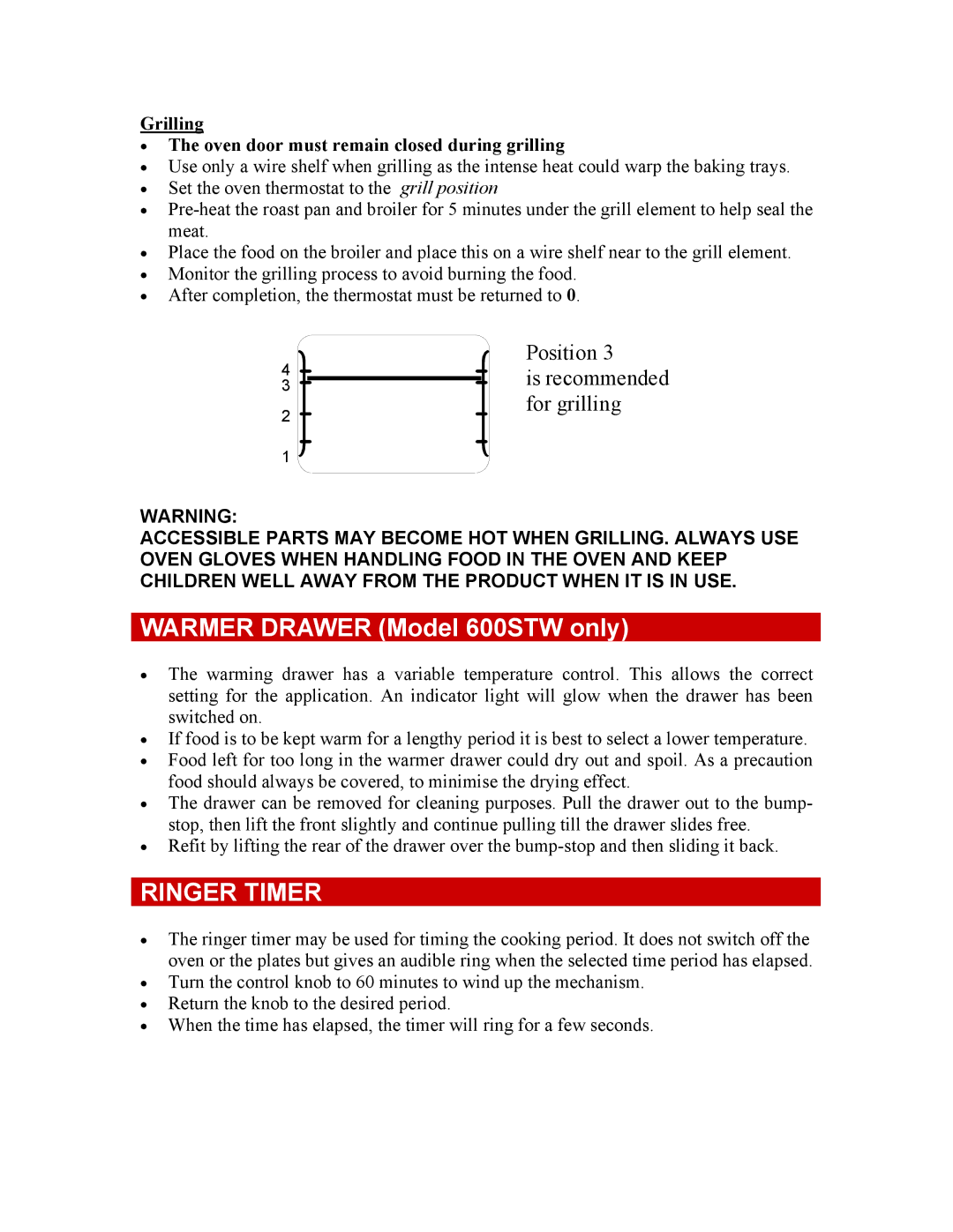 Defy Appliances Warmer Drawer Model 600STW only, Ringer Timer, Grilling Oven door must remain closed during grilling 