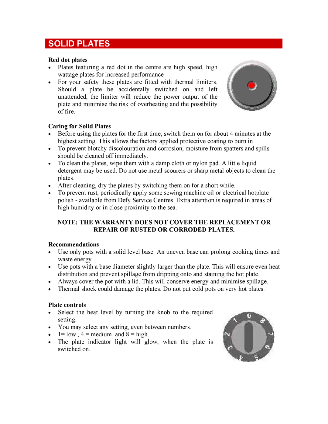 Defy Appliances 600C, 600STW owner manual Red dot plates, Caring for Solid Plates, Recommendations, Plate controls 