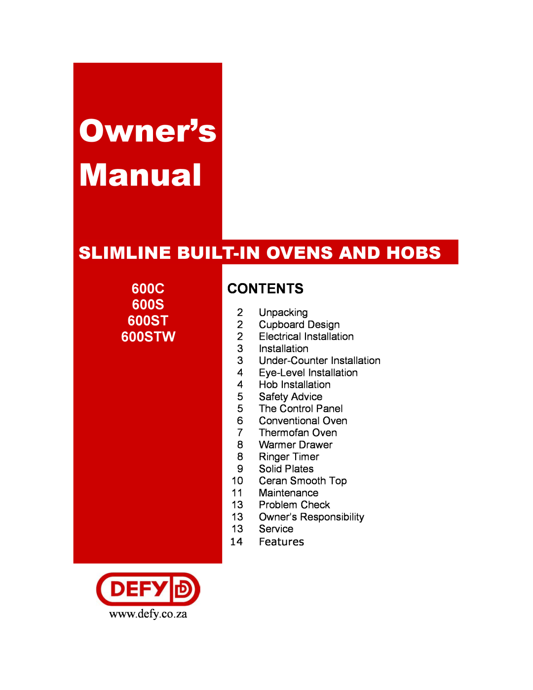 Defy Appliances 600C owner manual Slimline Built-Inovens And Hobs, Contents, 600STW 