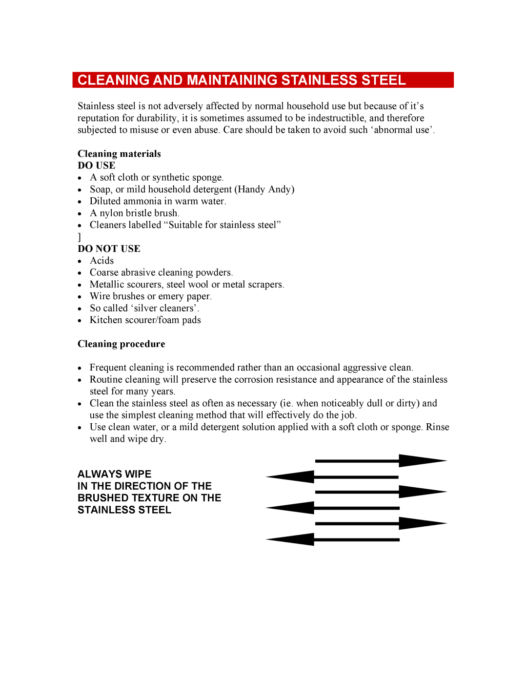 Defy Appliances 600STS owner manual Cleaning and Maintaining Stainless Steel, Cleaning materials, Cleaning procedure 