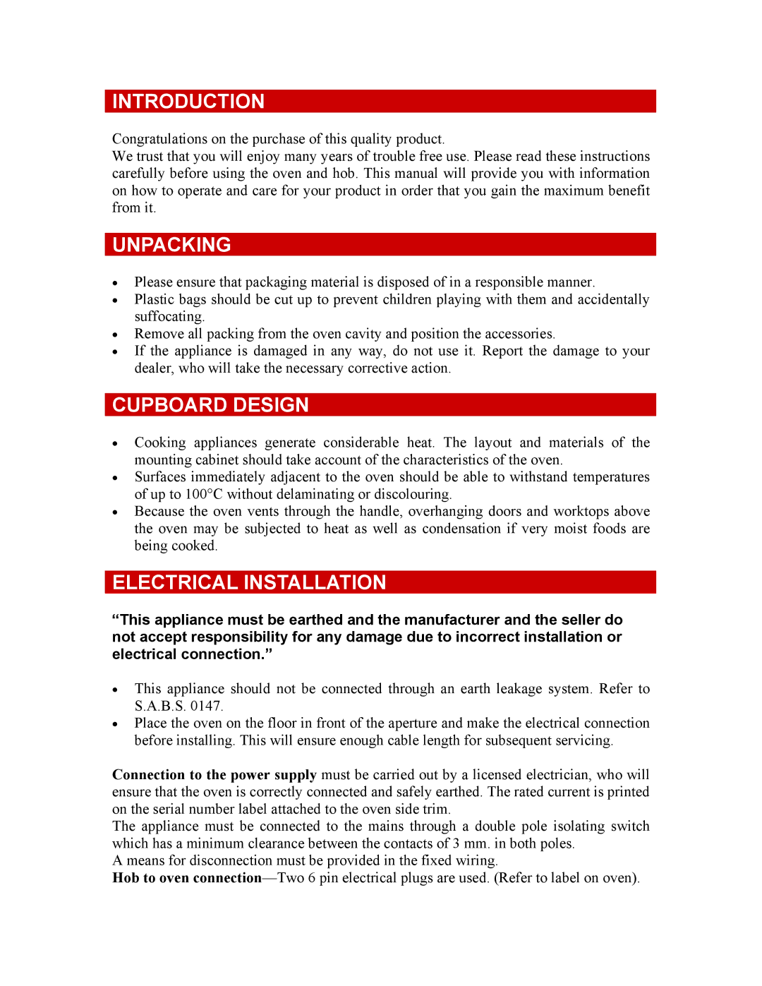 Defy Appliances 600STS owner manual Introduction, Unpacking, Cupboard Design, Electrical Installation 