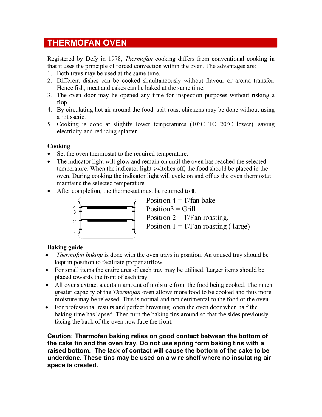 Defy Appliances 600STS owner manual Thermofan Oven, Cooking, Baking guide 