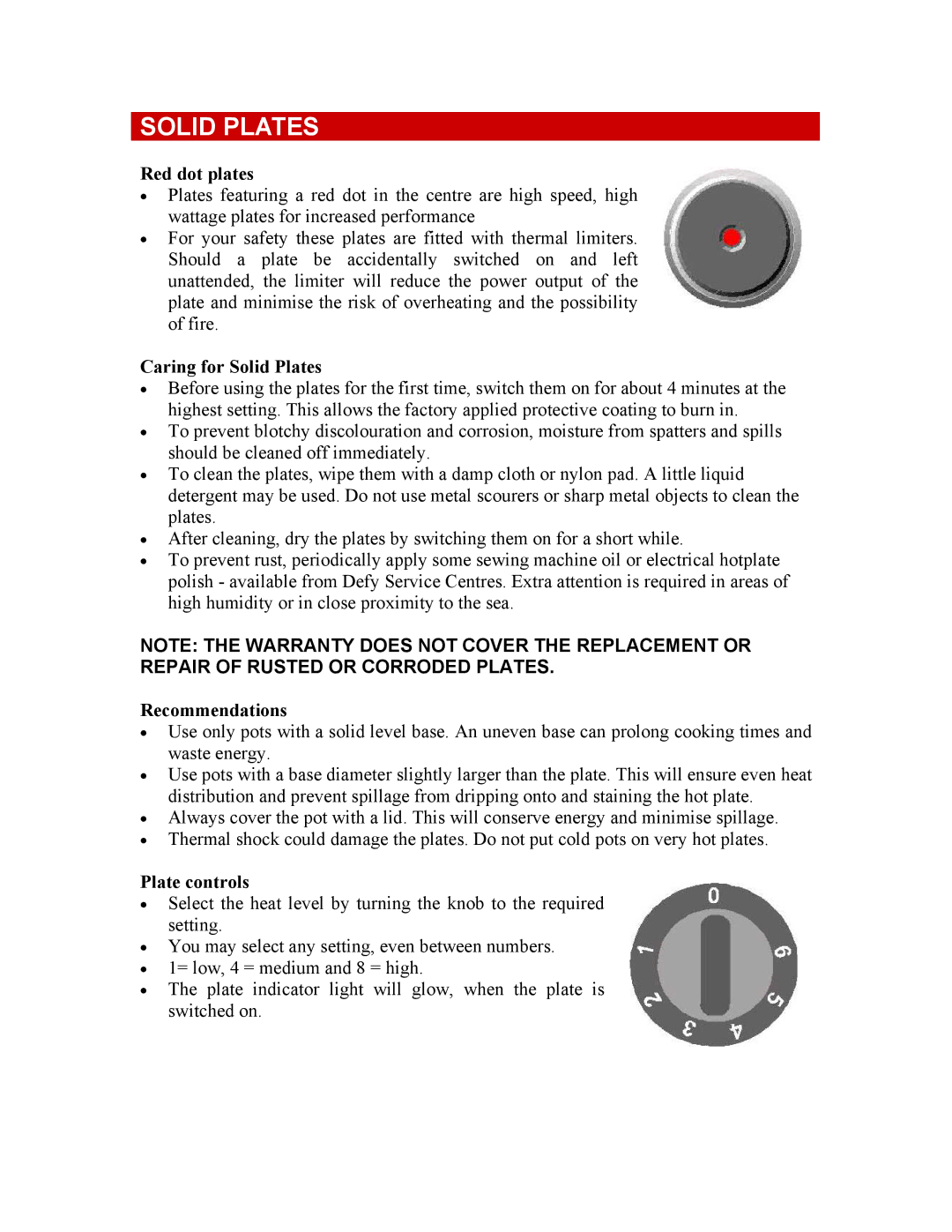 Defy Appliances 600STS owner manual Red dot plates, Caring for Solid Plates, Recommendations, Plate controls 