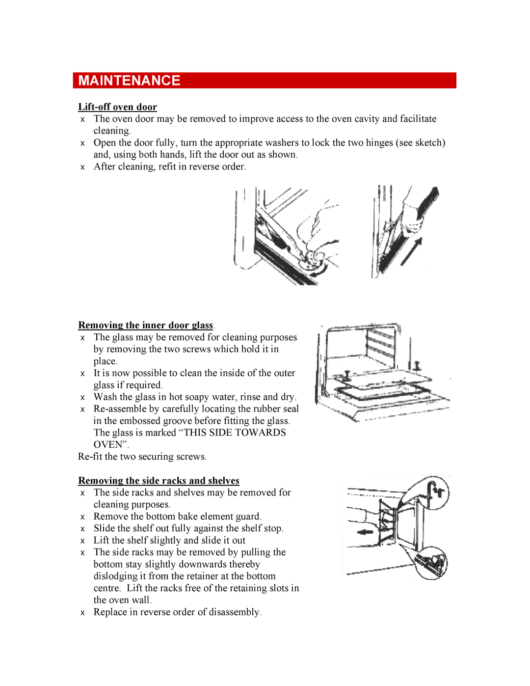 Defy Appliances 600STS Maintenance, Lift-off oven door, Removing the inner door glass, Removing the side racks and shelves 