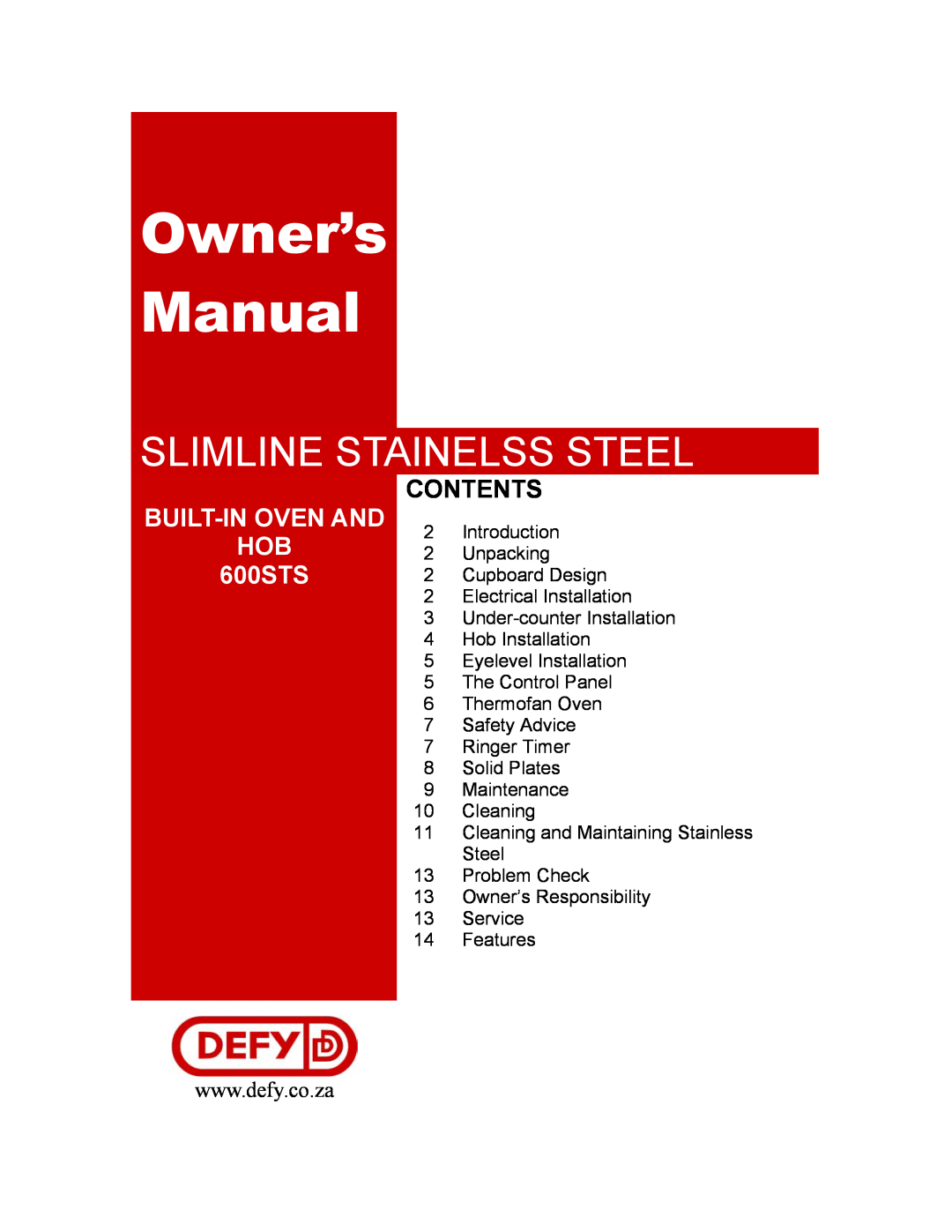 Defy Appliances 600STS owner manual Built-Inoven And, Slimline Stainelss Steel, Contents 