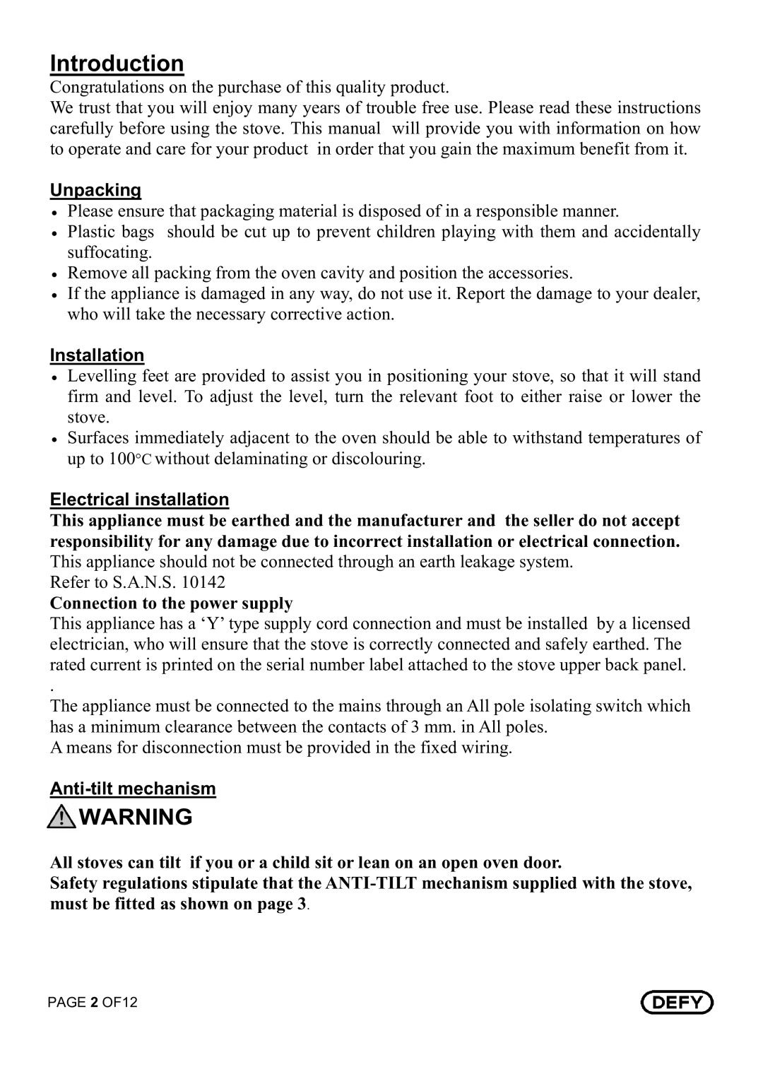 Defy Appliances 621, 620 owner manual Introduction, Unpacking, Installation, Electrical installation, Antitilt mechanism 