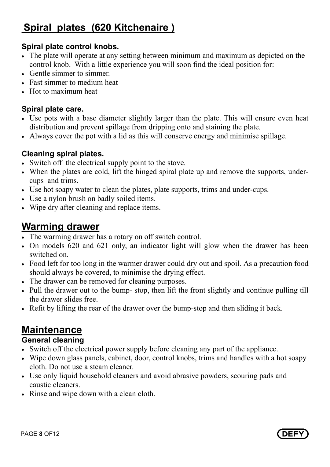 Defy Appliances 621 owner manual Spiral plates 620 Kitchenaire, Warming drawer, Maintenance 