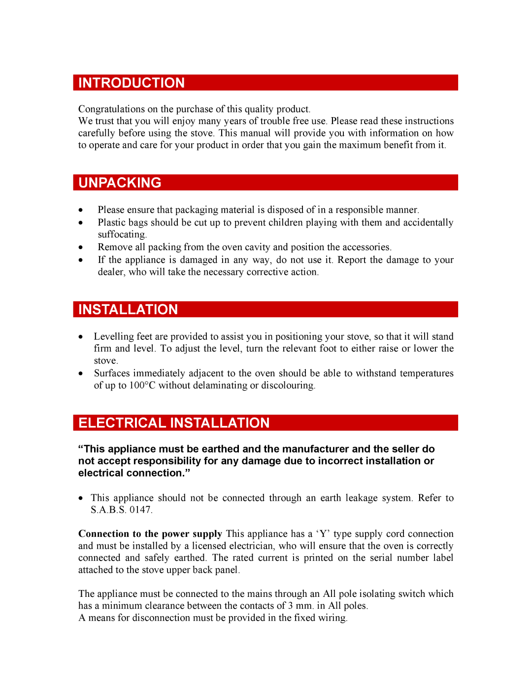 Defy Appliances 620, 621, 711S owner manual Introduction, Unpacking, Electrical Installation 