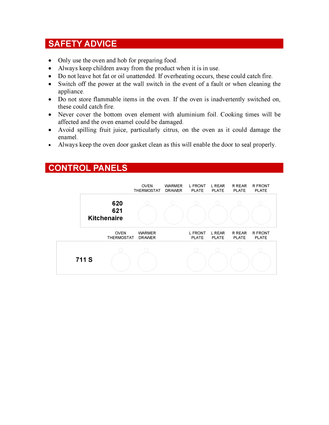 Defy Appliances 621, 711S, 620 owner manual Safety Advice, Control Panels 