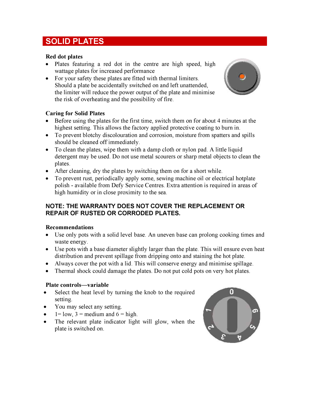 Defy Appliances 620, 621, 711S Red dot plates, Caring for Solid Plates, Recommendations, Plate controls-variable 