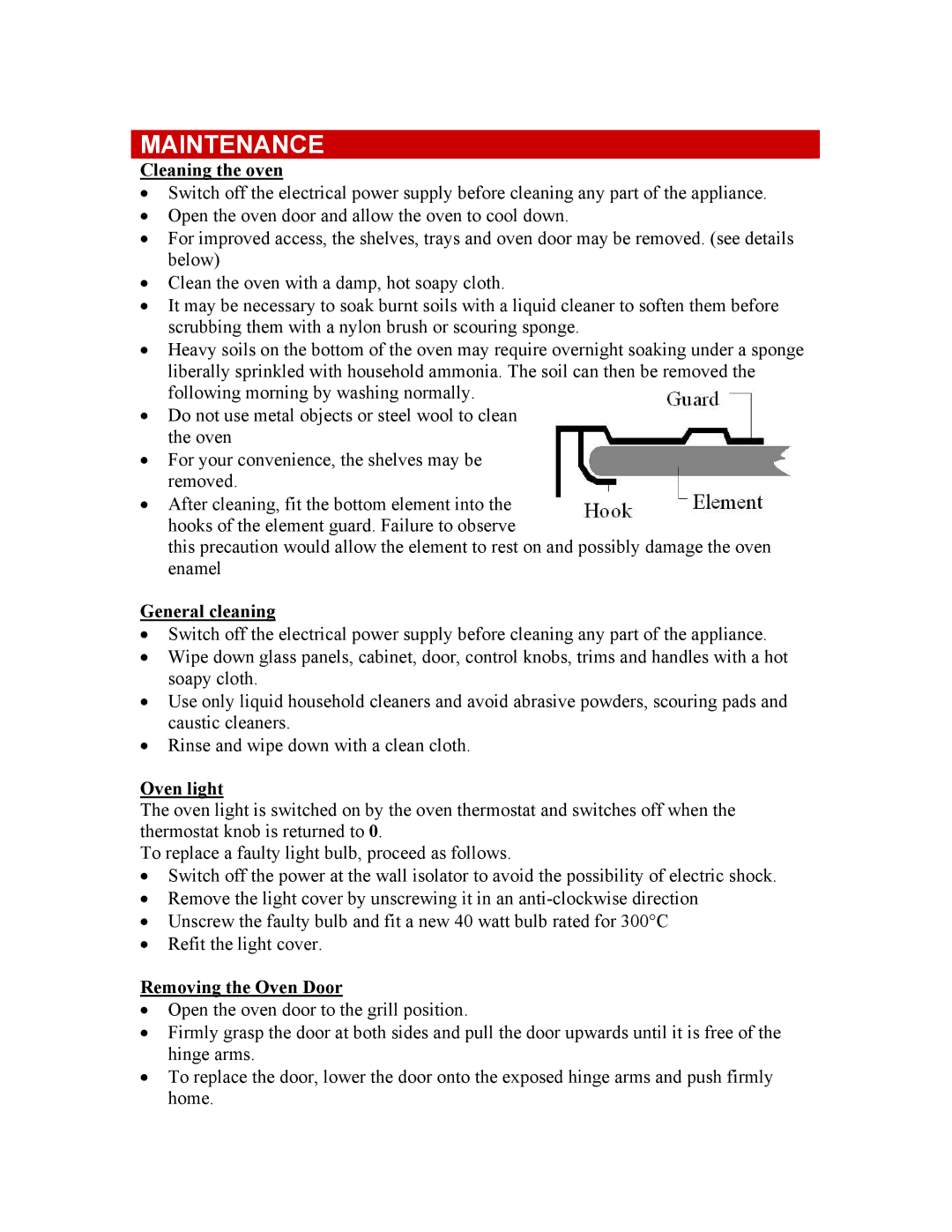 Defy Appliances 711S, 621, 620 Maintenance, Cleaning the oven, General cleaning, Oven light, Removing the Oven Door 