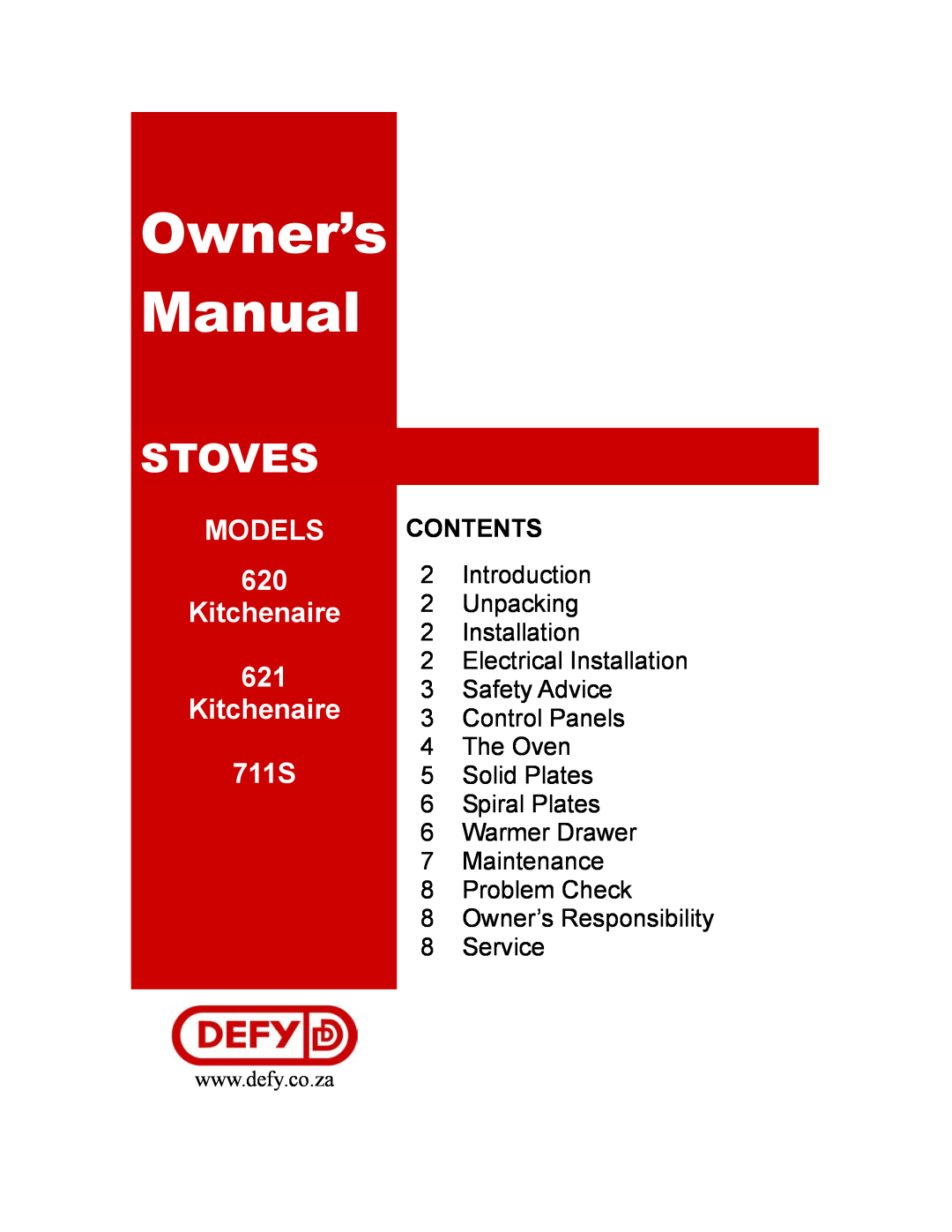 Defy Appliances owner manual Stoves, MODELS 620 Kitchenaire 621 Kitchenaire 711S, Contents 