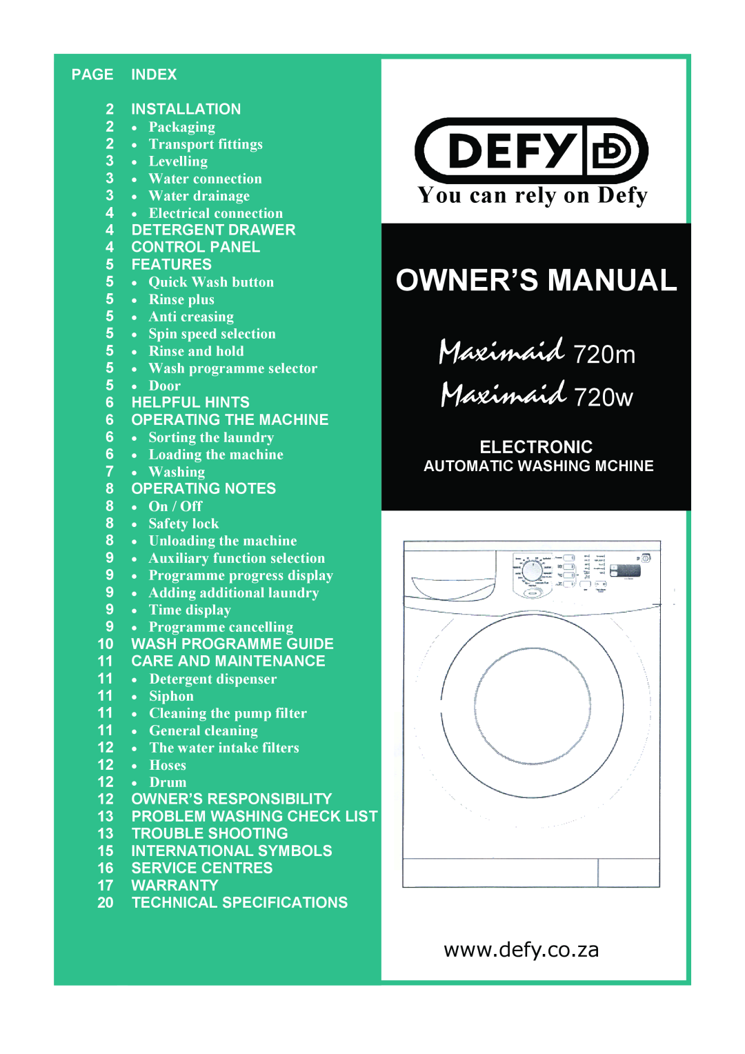 Defy Appliances 720M, 720W owner manual Maximaid 720m Maximaid 720w, Owner’S Manual, You can rely on Defy 