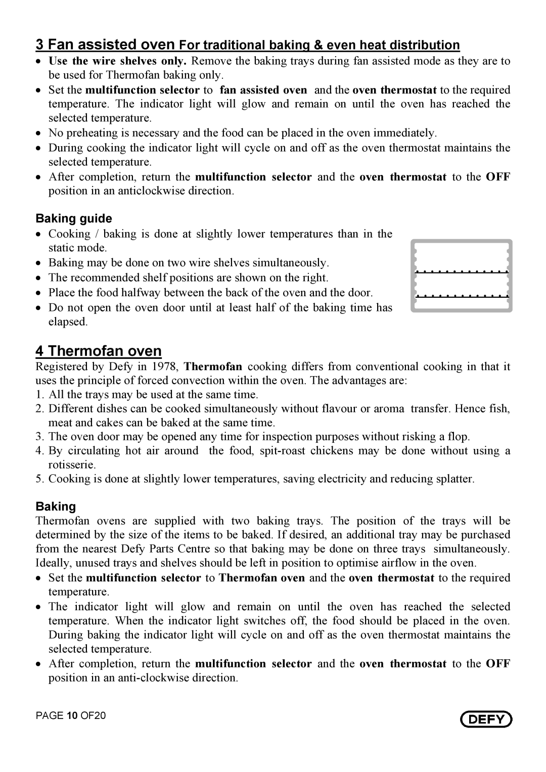 Defy Appliances 831 MF, 731 MF, 735 MF, 835 MF owner manual Thermofan oven, Baking guide 