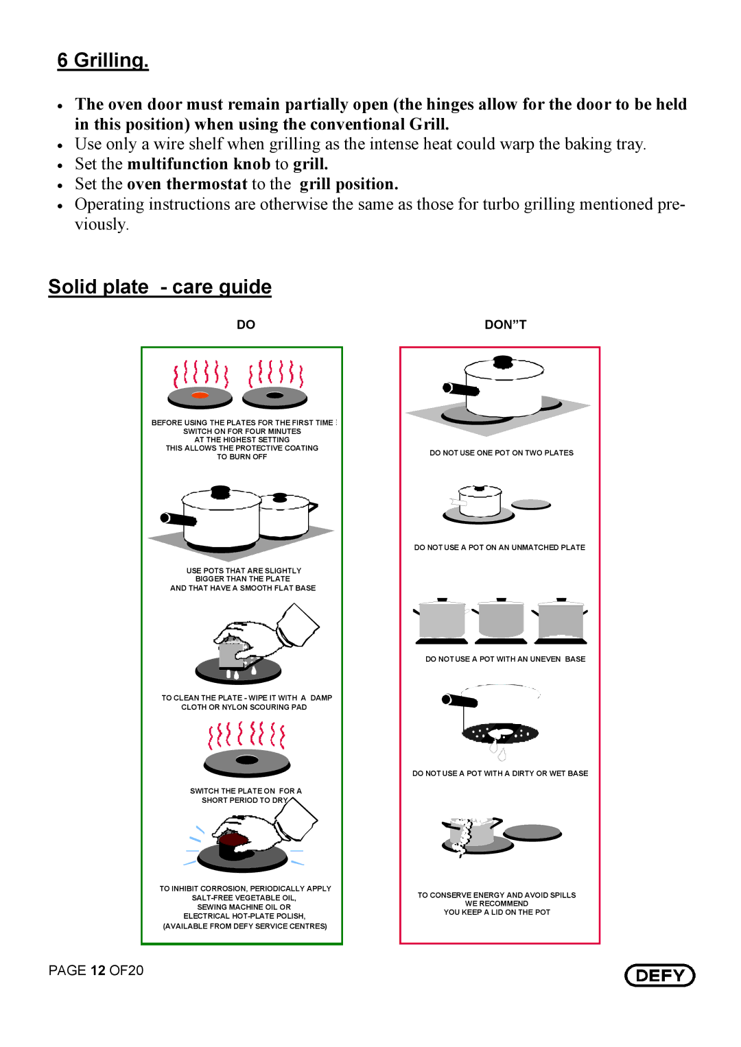 Defy Appliances 731 MF, 735 MF, 831 MF, 835 MF owner manual Grilling, Solid plate care guide 