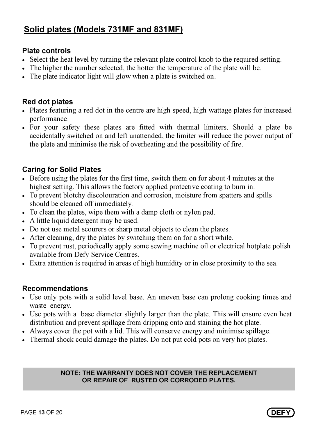 Defy Appliances 735 MF Solid plates Models 731MF and 831MF, Plate controls, Red dot plates, Caring for Solid Plates 