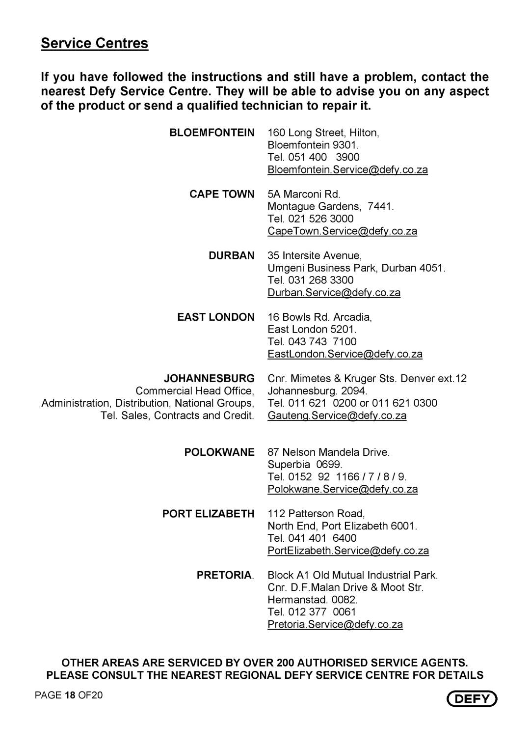 Defy Appliances 831 MF, 731 MF, 735 MF, 835 MF owner manual Service Centres, Johannesburg 