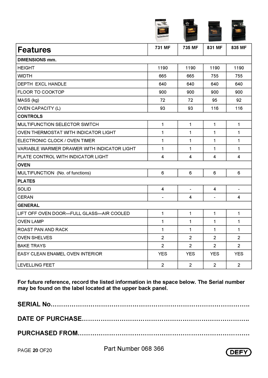 Defy Appliances 731 MF, 735 MF, 831 MF, 835 MF owner manual Features, Serial No 