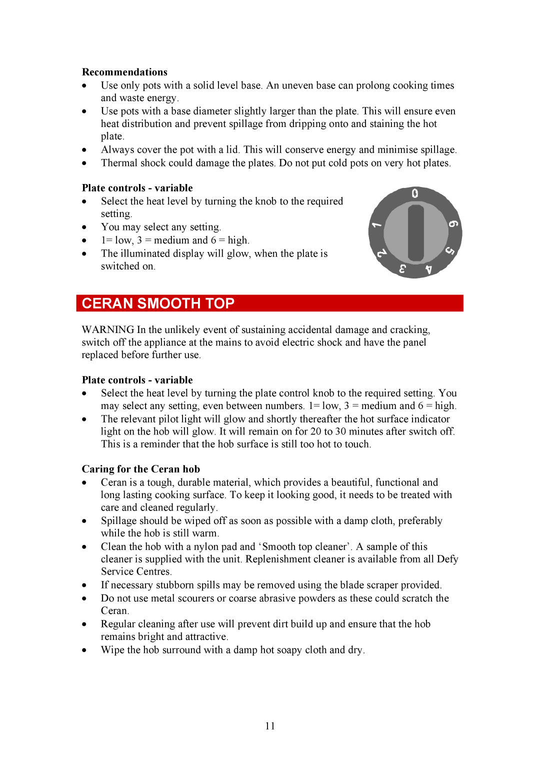 Defy Appliances 735 MF, 731 MF Ceran Smooth TOP, Recommendations, Plate controls variable, Caring for the Ceran hob 