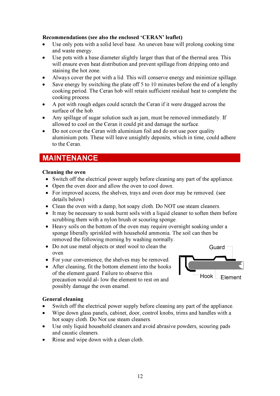 Defy Appliances 731 MF, 735 MF Maintenance, Recommendations see also the enclosed ‘CERAN’ leaflet, Cleaning the oven 