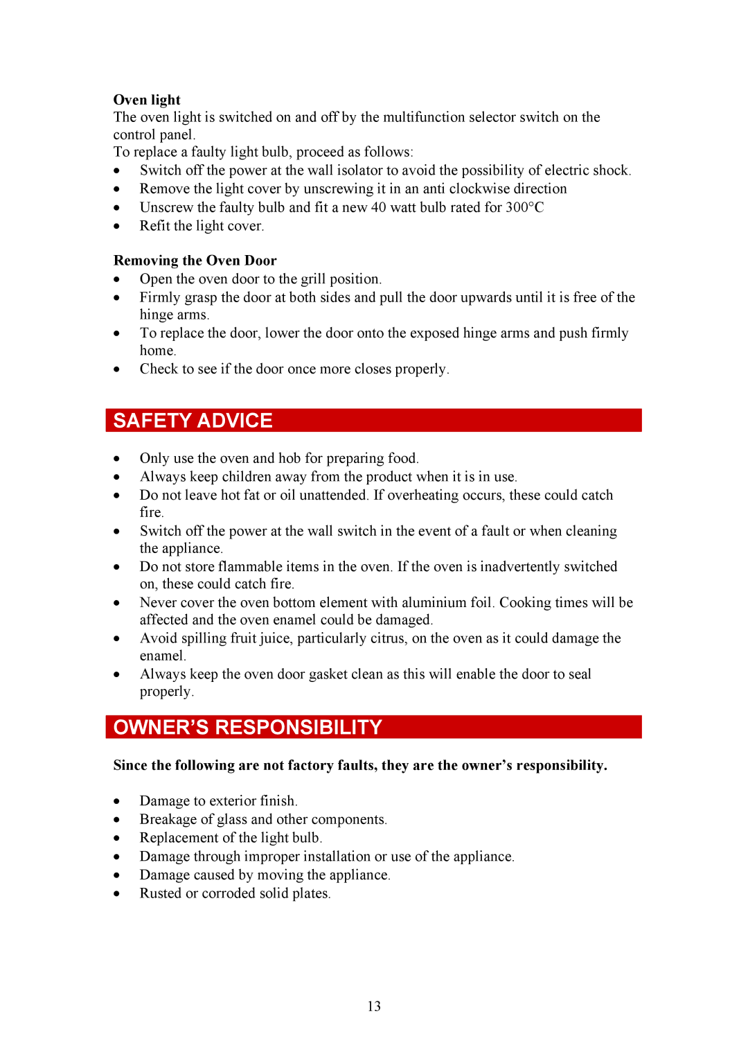 Defy Appliances 735 MF, 731 MF owner manual Safety Advice, OWNER’S Responsibility, Oven light, Removing the Oven Door 