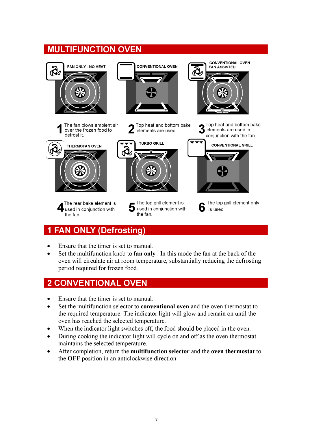 Defy Appliances 735 MF, 731 MF owner manual Multifunction Oven, FAN only Defrosting, Conventional Oven 