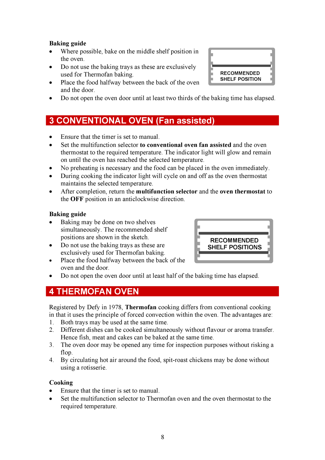 Defy Appliances 731 MF, 735 MF owner manual Conventional Oven Fan assisted, Thermofan Oven, Baking guide, Cooking 