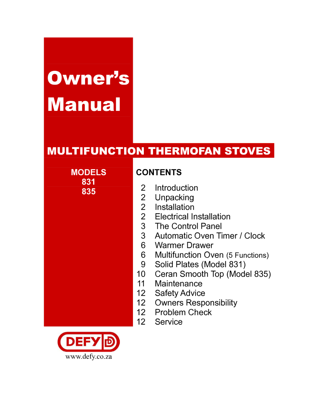 Defy Appliances 835, 831 owner manual Owner’s Manual, Models 