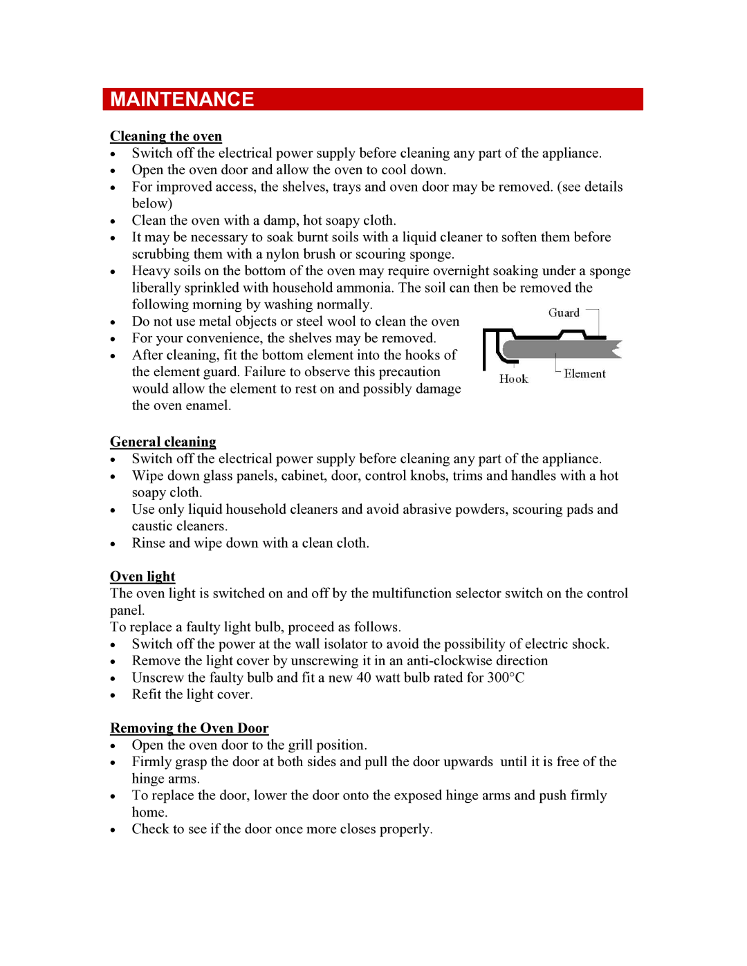 Defy Appliances 835, 831 owner manual Maintenance, Cleaning the oven, General cleaning, Oven light, Removing the Oven Door 