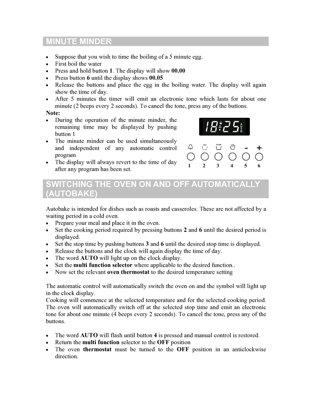 Defy Appliances 831, 835 owner manual Minute Minder, Switching the Oven on and OFF Automatically Autobake 