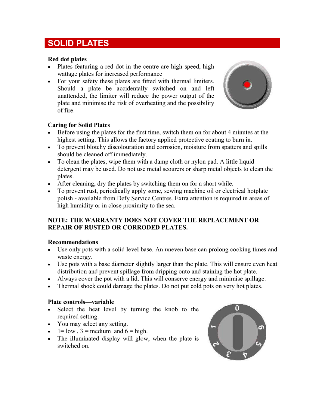 Defy Appliances 835, 831 owner manual Red dot plates, Caring for Solid Plates, Recommendations, Plate controls-variable 