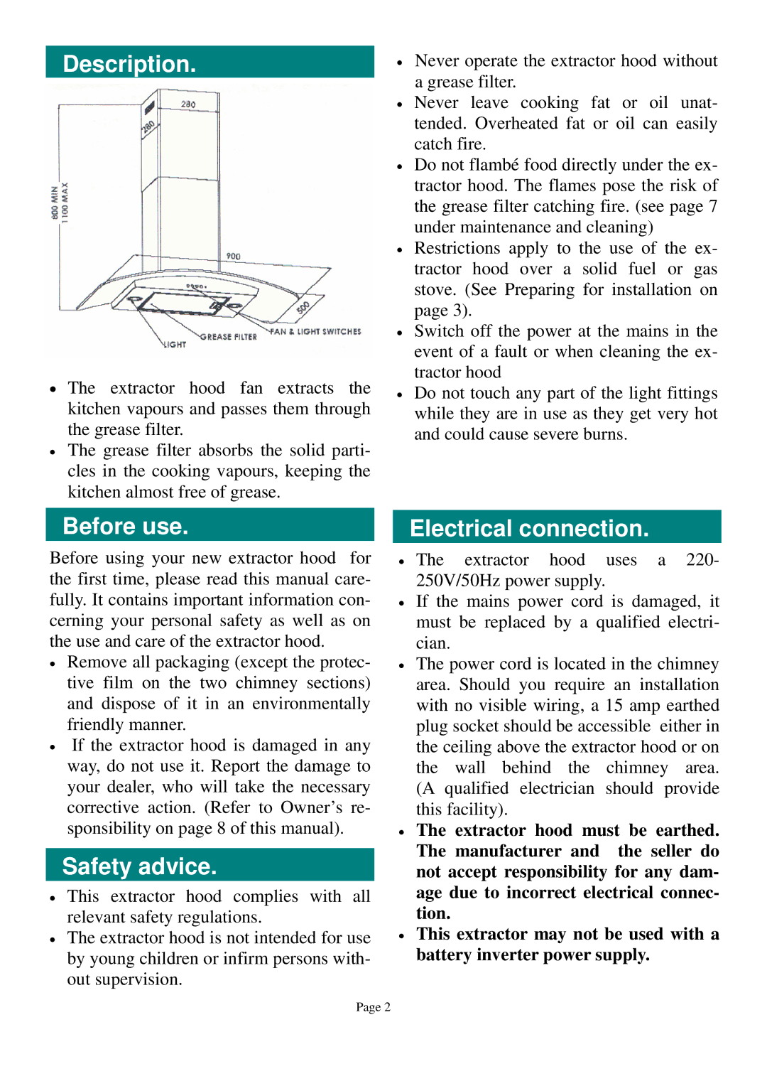 Defy Appliances 900 C owner manual Description, Before use, Safety advice, Electrical connection 