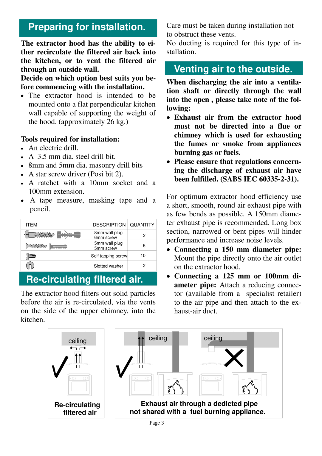 Defy Appliances 900 C owner manual Preparing for installation, Re-circulating filtered air, Venting air to the outside 