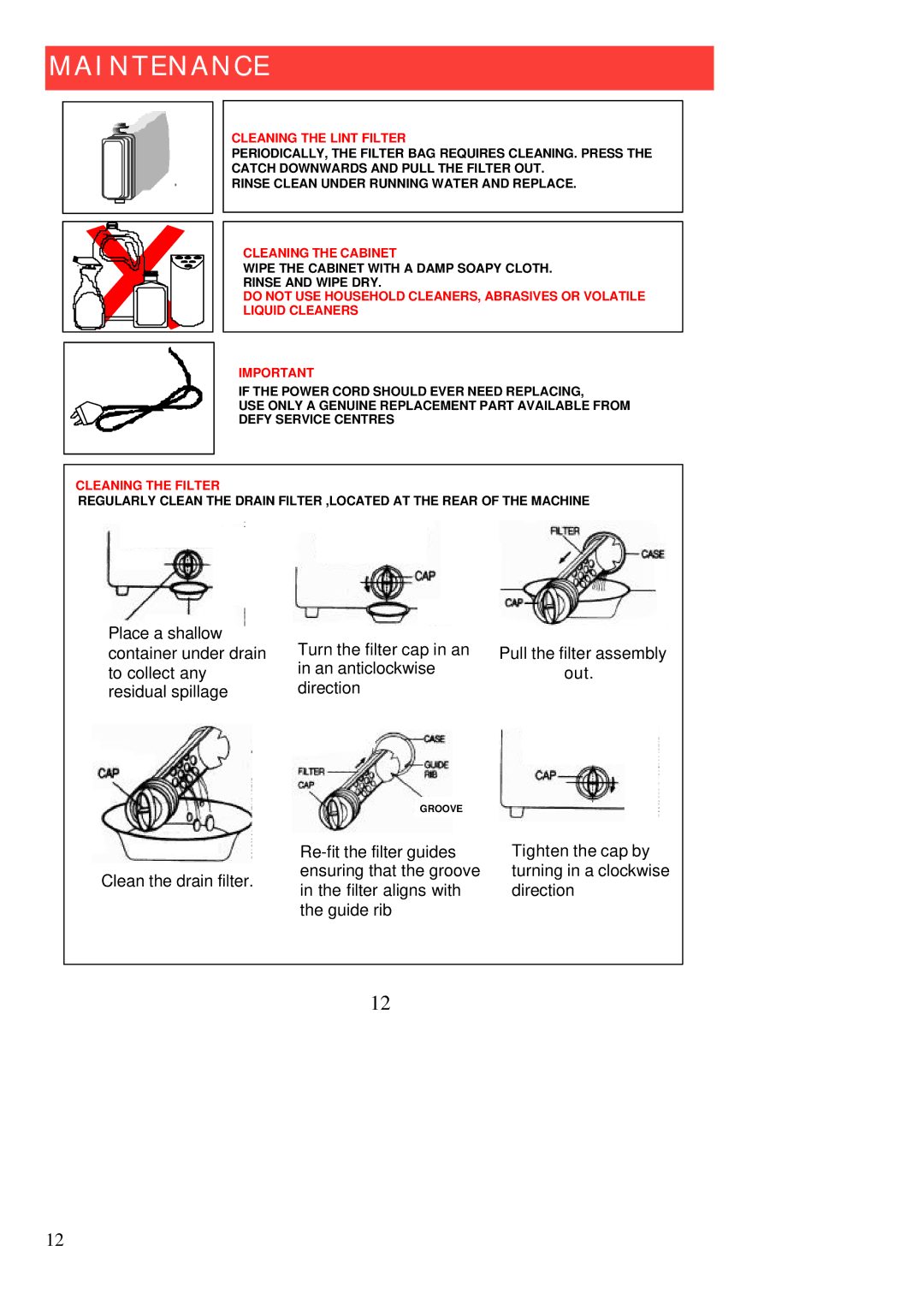 Defy Appliances 920 owner manual Maintenance, Cleaning the Lint Filter 