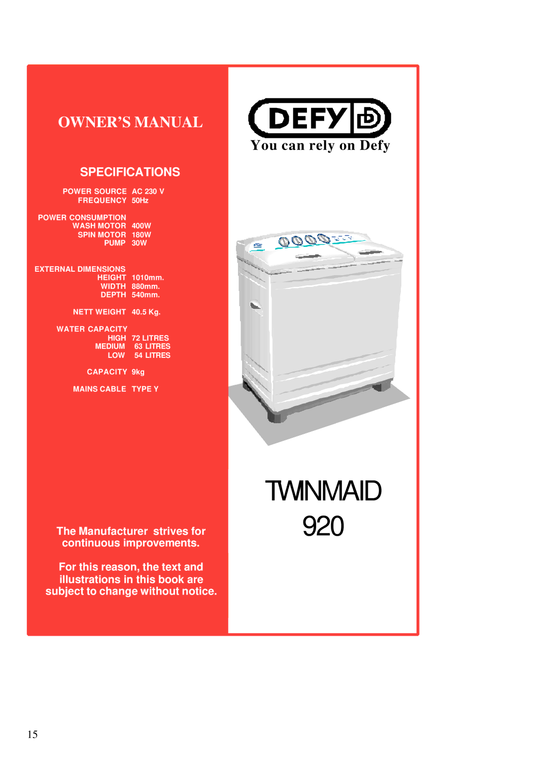 Defy Appliances 920 owner manual 