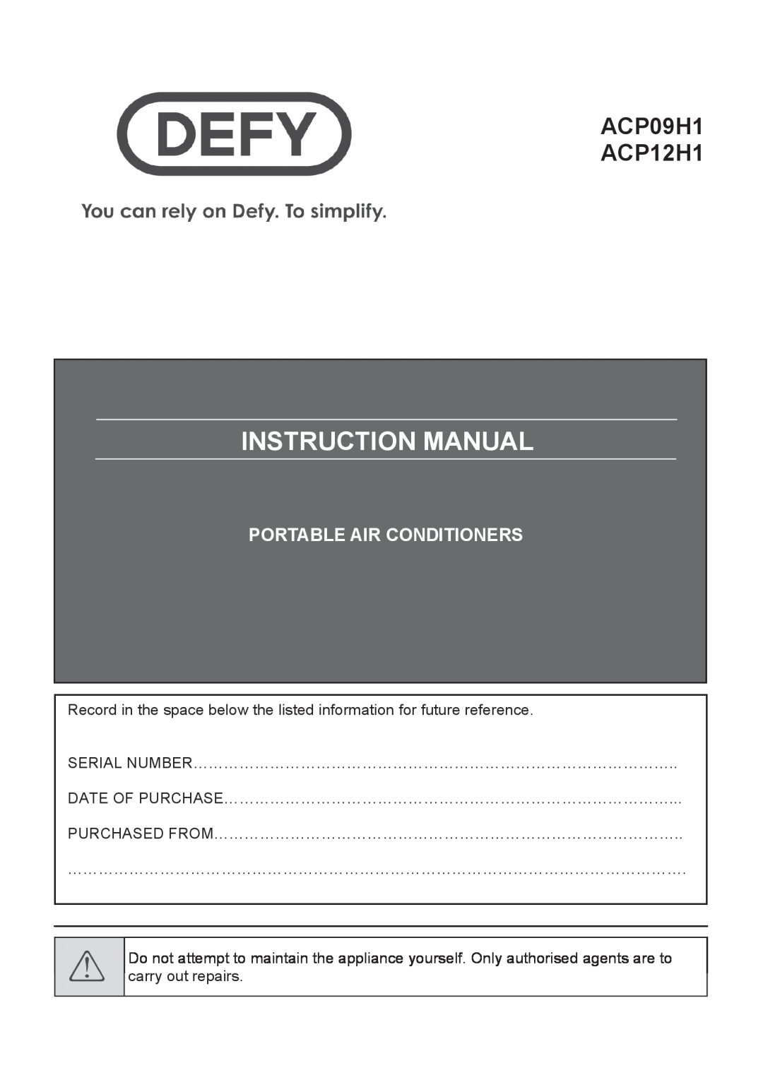 Defy Appliances ACP12H1, ACP09H1 manual #$%, $%& # 