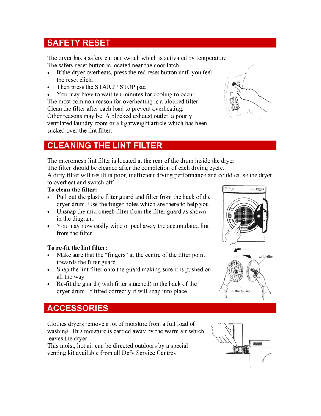 Defy Appliances Autodry 600 owner manual Safety Reset, Cleaning the Lint Filter, Accessories, To clean the filter 