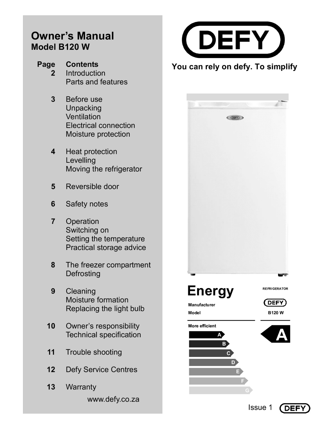 Defy Appliances B120W manual # $$ +&% 